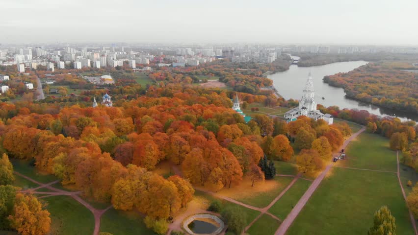 Church of the Ascension in Kolomenskoye park in autumn season aerial view, Moscow, Russia. Royalty-Free Stock Footage #1025327375
