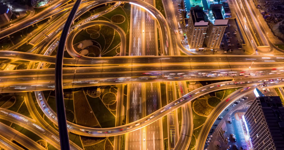 Drone Flight Over Urban Junction Overpass At Night Rush Hour Traffic City Panorama Dubai Business District Low Light Uhd Hdr 4k | Shutterstock HD Video #1025330624