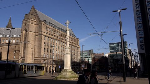 Manchester, North West / England - March 01 2019: Manchester city on a sunny day. Manchester has become the powerhouse for commerce in the North of England UK 4K