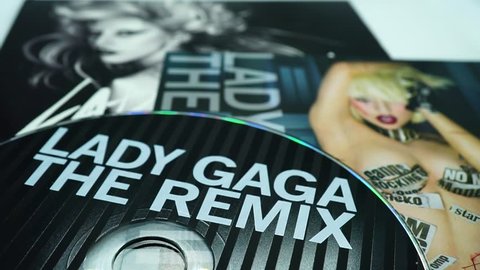 Rome, February 16, 2019: Detail of CD covers and inserts by the American singer LADY GAGA. singer, songwriter, and actress. She is known for her unconventionality and provocative work
