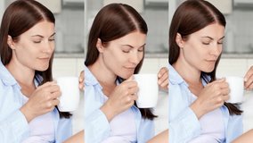 Woman relax on couch at home in the morning. Pretty female housewife drinking tasty coffee or tea from white cup in living room. Vertical video montage for mobile devices and social media