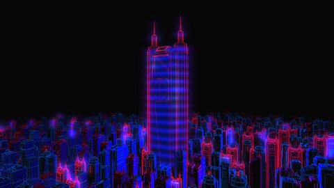 Geometric laser cityscape. Seamless neon retro futuristic animation with shallow depth of field.