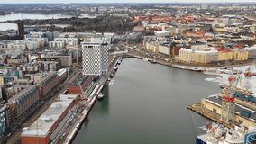 Gulf of Finland, West harbour, Helsinki, Finland - 25 February 2019. Aerial view of the city, harbor and the Clarion Hotel