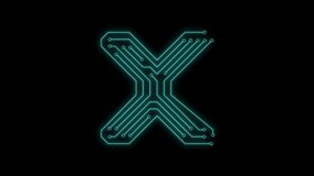 Animated blue neon glowing alphabet letter X as circuit board style on transparent background for tiles, intros, logo. Seamless loop. Circuit board concept. 4k video. Alpha channel include
