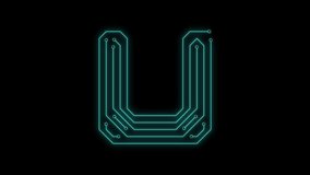 Animated blue neon glowing alphabet letter U as circuit board style on transparent background for tiles, intros, logo. Seamless loop. Circuit board concept. 4k video. Alpha channel include