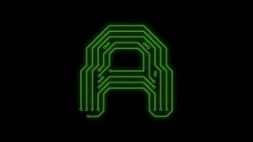 Animated green neon glowing alphabet letter A as circuit board style on transparent background for tiles, intros, logo. Seamless loop. Circuit board concept. 4k video. Alpha channel include - Powered by Shutterstock - Get 15% off with code: PIKWIZARD15