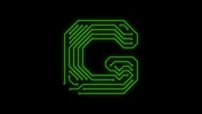 Animated green neon glowing alphabet letter G as circuit board style on transparent background for tiles, intros, logo. Seamless loop. Circuit board concept. 4k video. Alpha channel include
