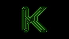 Animated green neon glowing alphabet letter K as circuit board style on transparent background for tiles, intros, logo. Seamless loop. Circuit board concept. 4k video. Alpha channel include - Powered by Shutterstock - Get 15% off with code: PIKWIZARD15