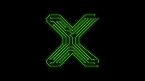 Animated green neon glowing alphabet letter X as circuit board style on transparent background for tiles, intros, logo. Seamless loop. Circuit board concept. 4k video. Alpha channel include - Powered by Shutterstock - Get 15% off with code: PIKWIZARD15