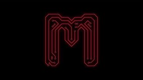 Animated red neon glowing alphabet letter M as circuit board style on transparent background for tiles, intros, logo. Seamless loop. Circuit board concept. 4k video. Alpha channel include