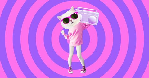 Minimal animation design. Pretty white Kitty. Dancing lover vibes. Pop and party mood