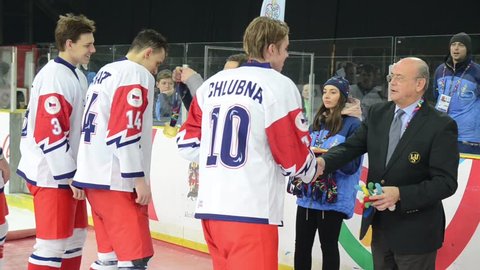 Sarajevo, BiH, 11th february 2019, Ice Hockey match at the European Youth Olympic Winter Festival. Ice hockey players. Match between Czech Republic and Belarus. Czech players receiving gold medals