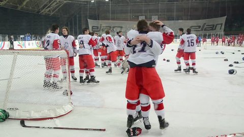 Sarajevo, BiH, 11th february 2019, Ice Hockey match at the European Youth Olympic Winter Festival. Ice hockey players. Match between Czech Republic and Belarus. Czech players celebrating