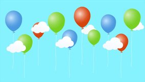 Colorful animation of cartoon air balloons with clouds. Happy birthday video card. Seamless loop cute animated background.