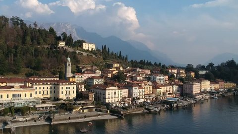 Bellagio ( Italy ) 03/08/2019: aerial view of Bellagio, one of the town symbol of Lake Como visited by thousands of tourists from allover the world every year
