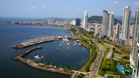 Footage from Panama City Skyline with view to Casco Viejo the historical renovated part and to Amador and also to Taboga Island. Also the route to Panama Canal seen at Horizon