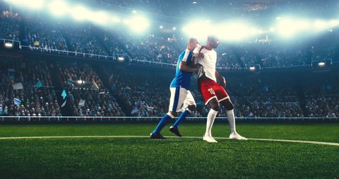 Soccer player catches a ball with his feet and continue his attack. The opposite team player tries to block him. The players wear unbranded soccer uniform. Stadium and crowd are made in 3D.