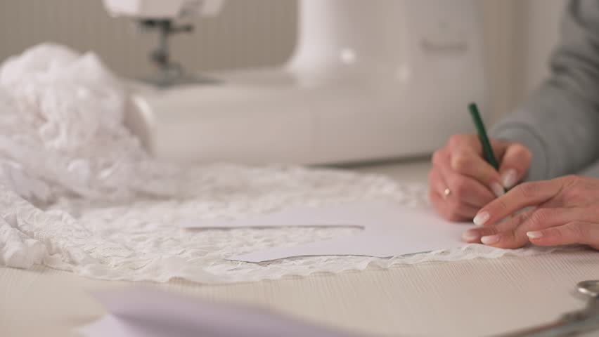 Proffesional seamstress making pettern with pencil