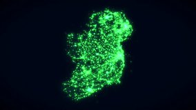 An aerial view of Ireland with green lights twinkling against a dark blue background. Elements of this video furnished by data from NASA.
