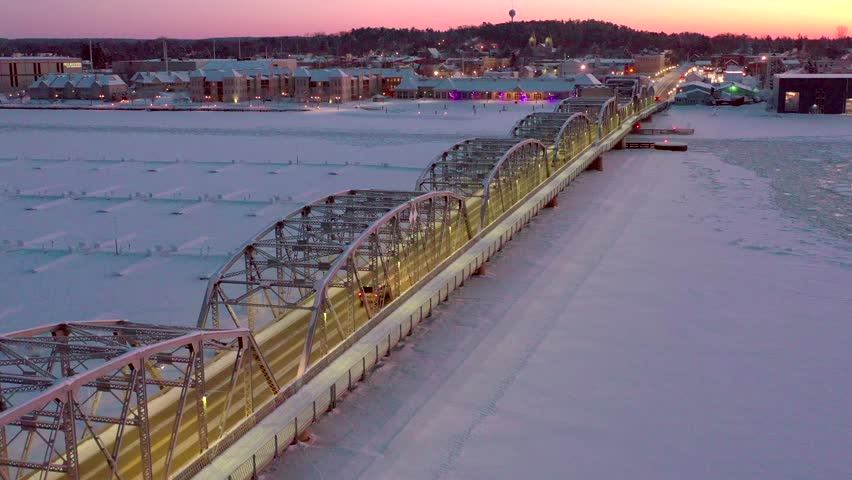 Sturgeon Bay Bridge in dawn twilight.

