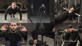 Collage of athletic muscular handsome young man with beard in black sportswear exercising in gym, doing different exercises. Training or healthy lifestyle concept.