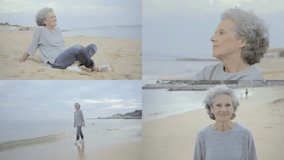 Collage of grey-haired curly old woman wearing casual clothes, sitting on sand at beach, walking along seashore, playing with waves. Family, lifestyle concept
