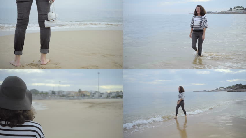 Collage of middle-aged Caucasian woman with dark curly hair in striped pullover, walking along seashore, playing with waves. Leisure, lifestyle concept