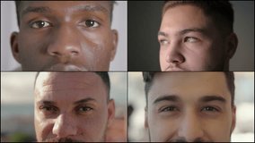 Collage of close up shots of handsome Caucasian and Afro-American mens faces with beard and moustache standing outside and inside, looking at camera. Split screen montage wall. Lifestyle concept