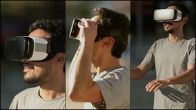Collage of different shots of young Arab man with dark curly hair and beard in grey T-shirt being in park in virtual reality glasses, exploring new reality with hands. High technology, VR concept