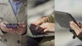 Collage of close up shots of young brown-skinned womans hands in camel trench working, using different devices, texting. Work, lifestyle concept