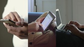 Collage of male hands typing on smartphone, laptop, swiping information on tablet. Close up shots. Work, communication concept