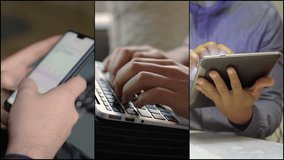 Collage of male hands typing on smartphone, laptop and tablet. Close up shots. Work, communication concept