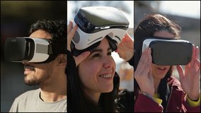 Collage of closeups of young Arab man with dark curly hair and beard in grey T-shirt and two excited young girls being in park, playing with virtual reality glasses. High technology concept