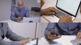 Collage of medium and close up shots of Afro-American young handsome bald man listening to music with earphones, typing on different gadgets. Work, communication concept