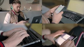 Collage of medium and close up shots of young handsome man sitting at home, texting on smrtphone, working on laptop and tablet, paying online with credit card. Comunication, online shopping concept