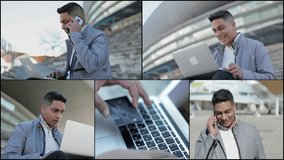 Collage of medium and close up shots of Indian young businessman with stylish hairdo sitting outside, working on laptop, buying in Internet, paying with credit card. Lifestyle, online shopping concept