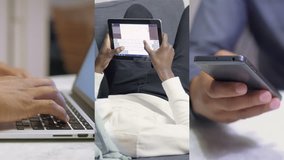 Collage of closeups of male hands typing on tablet, laptop and smartphone. Work, communication concept