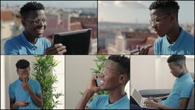 Collage of Afro-American young stylish man outside and inside, texting on phone, working on laptop, talking on phone with speakerphone, having video chat on tablet. Lifestyle, freelance concept