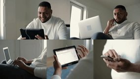 Collage of medium and close up shots of young handsome Afro-American man in white sweater sitting at home, working on laptop and tablet, talking on phone, having video chat. ?ommunication concept