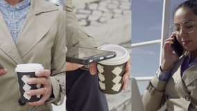 Collage of medium and closeup shots of young brown-skinned woman in glasses and in trench walking along office building, texting message on smartphone, drinking takeaway coffee. Work concept