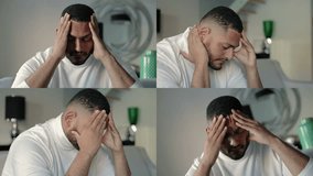 Collage of close up shots of young handsome Afro-American man in white sweater sitting at home, feeling unwell, massaging head and neck with hands. Pain, work concept