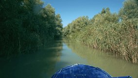 Small blue motor boat sailing in the narrow channel of Danube river delta at city of Vilkove, Ukraine