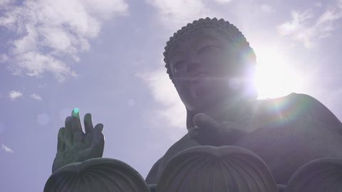 Tian Tan big Buddha statue on the peak. Close to Po Lin monastery. Dolly shot - October 2018: Lantau Island, Hong Kong, China 스톡 비디오