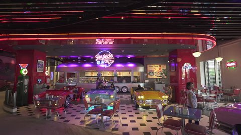 50s american style bar and diner in Studio City hotel and casino - October 2018: Macau, China