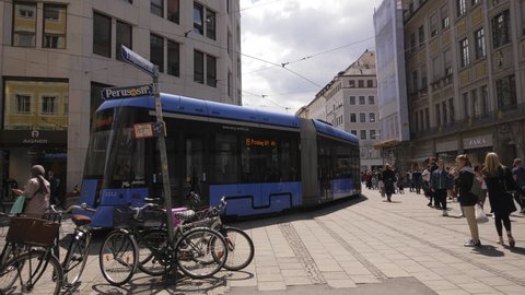 munich, Germany - June 23, 2018: Modern tram in the center of Munich.