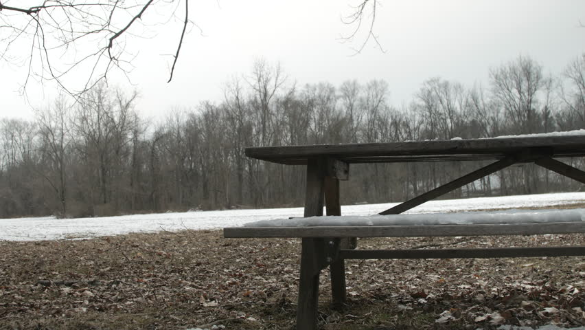 Snow melting off of desolate picnic bench framed right