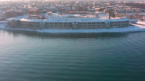 Aerial over abandoned Soviet prison complex. Patarei sea fortress in Tallinn. This building will be transformed into International Museum for The Victims of Communism