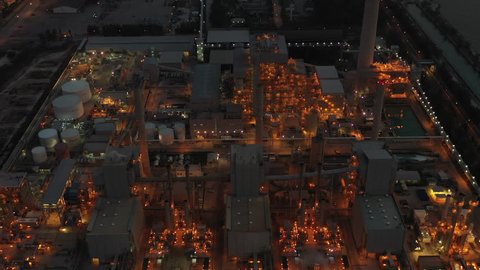 Aerial view power plant at night, Combined heat power plant, Aerial view large combined cycle power plant.
