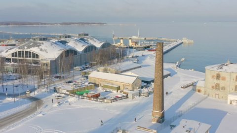 Seaplane harbour and historic steam ship Suur Tõll at the docks during winter. Famous maritime museum in Tallinn, Estonia