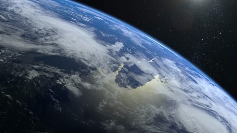 Earth from space. The camera flies away from the Earth. Stars twinkle. Flight over the Earth. The horizon is turned to the right. 4K. Sunrise. Realistic atmosphere. 3D Volumetric clouds.